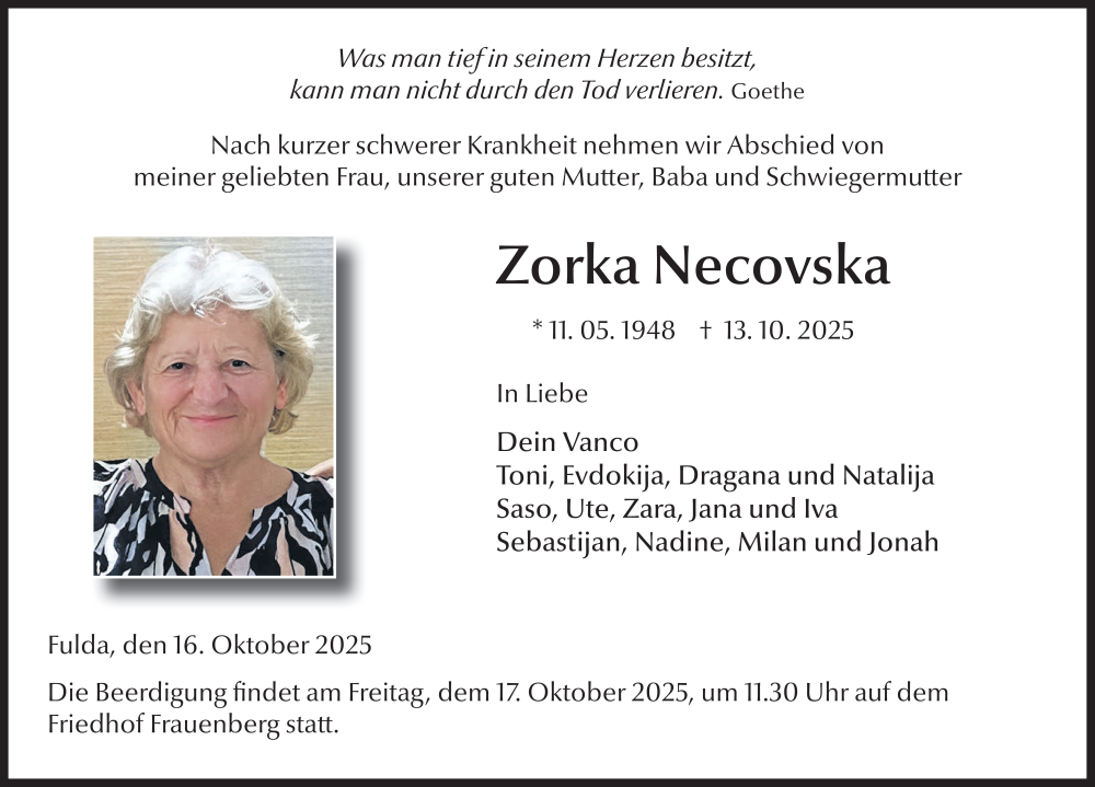  Traueranzeige für Zorka Necovska vom 16.10.2025 aus FZ