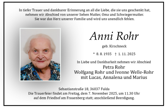 Traueranzeige von Anni Rohr von FZ