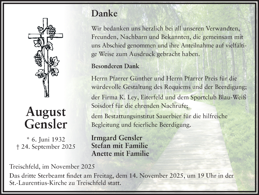  Traueranzeige für August Gensler vom 12.11.2025 aus FZ