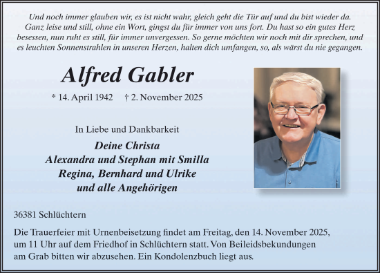 Traueranzeige von Alfred Gabler von FZ