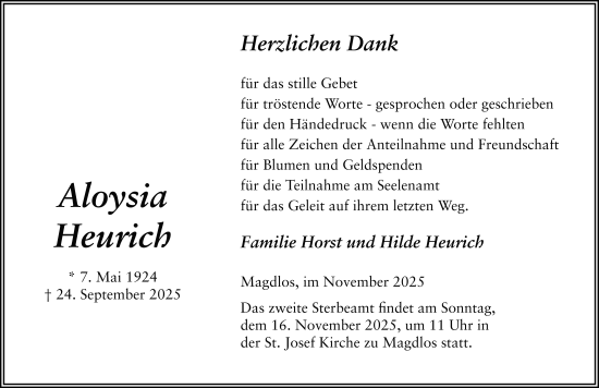 Traueranzeige von Aloysia Heurich von FZ
