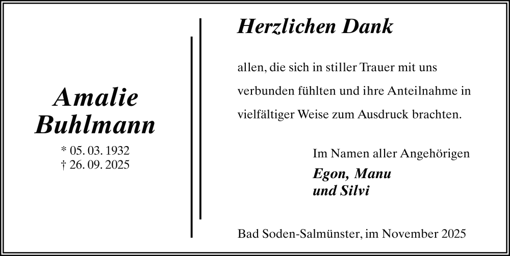  Traueranzeige für Amalie Buhlmann vom 08.11.2025 aus FZ