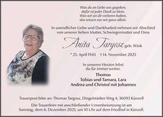 Traueranzeige von Anita Targosz von FZ