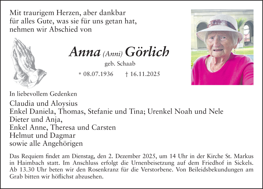  Traueranzeige für Anna Görlich vom 28.11.2025 aus FZ