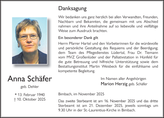 Traueranzeige von Anna Schäfer von FZ