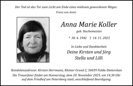 Traueranzeige von Anna Marie Koller von FZ