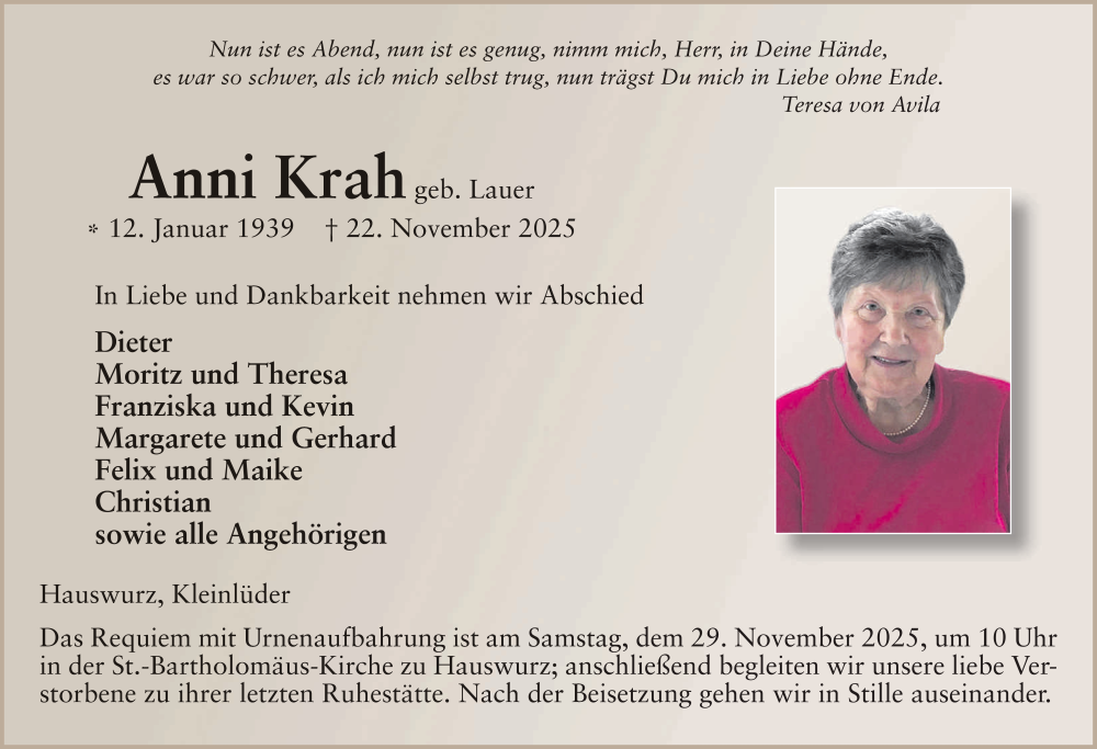  Traueranzeige für Anni Krah vom 27.11.2025 aus FZ
