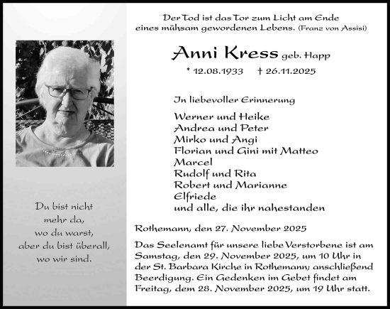 Traueranzeige von Anni Kress von FZ