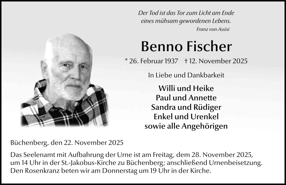  Traueranzeige für Benno Fischer vom 22.11.2025 aus FZ
