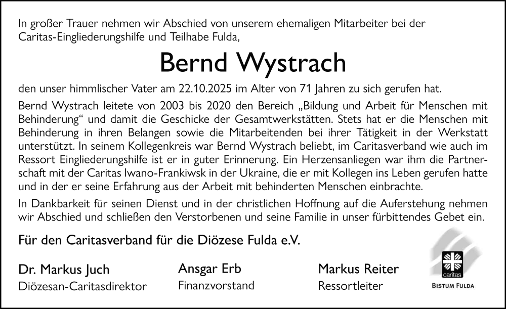  Traueranzeige für Bernd Wystrach vom 01.11.2025 aus FZ