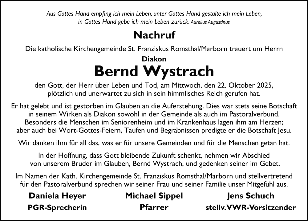  Traueranzeige für Bernd Wystrach vom 08.11.2025 aus FZ