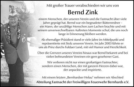 Traueranzeige von Bernd Zink von FZ