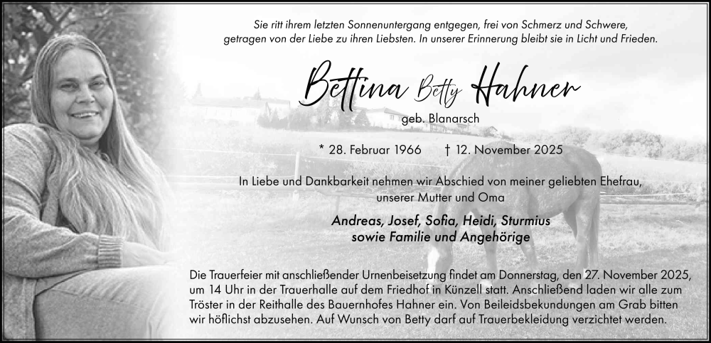  Traueranzeige für Bettina Hahner vom 22.11.2025 aus FZ