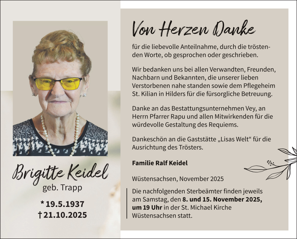  Traueranzeige für Brigitte Keidel vom 06.11.2025 aus FZ
