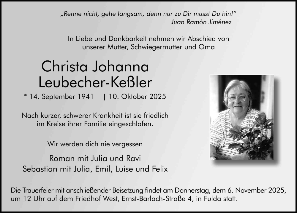  Traueranzeige für Christa Johanna Leubecher-Keßler vom 01.11.2025 aus FZ