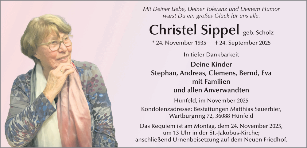  Traueranzeige für Christel Sippel vom 15.11.2025 aus FZ