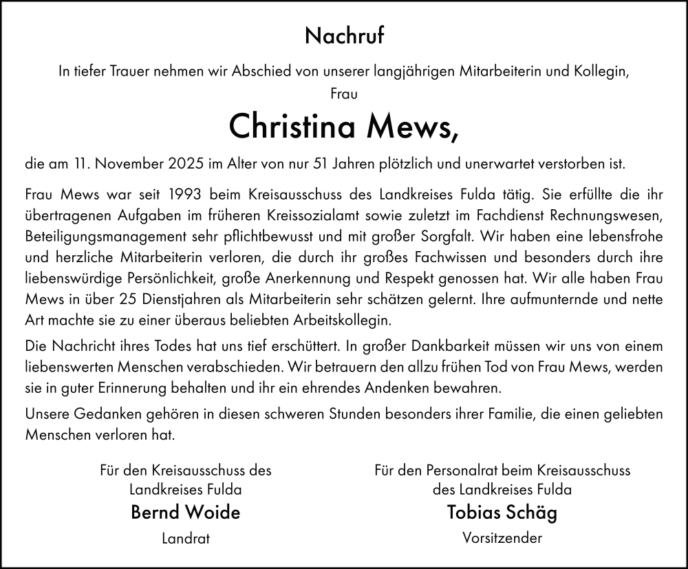  Traueranzeige für Christina Mews vom 22.11.2025 aus FZ