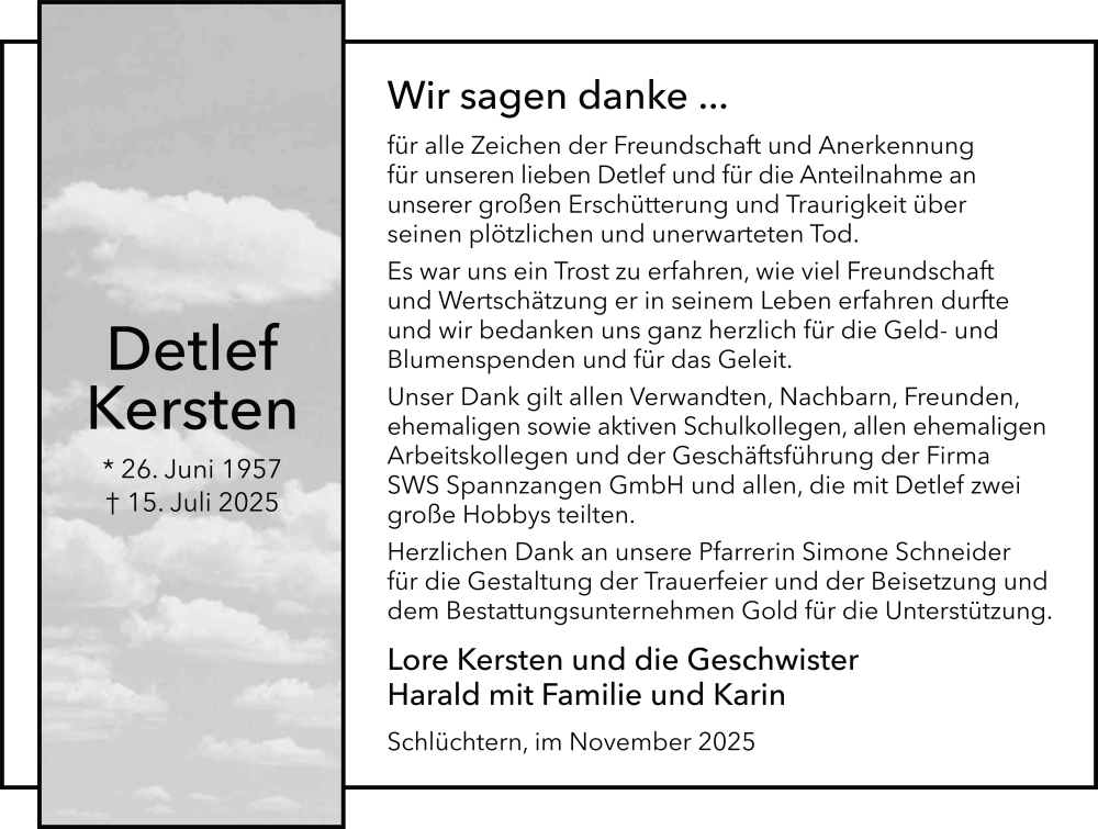  Traueranzeige für Detlef Kersten vom 08.11.2025 aus FZ