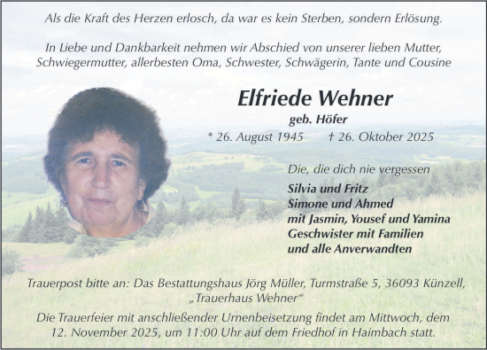Traueranzeige von Elfriede Wehner von FZ