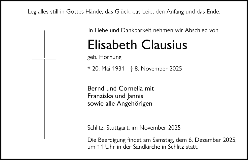  Traueranzeige für Elisabeth Clausius vom 29.11.2025 aus FZ