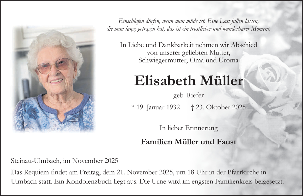 Traueranzeige für Elisabeth Müller vom 15.11.2025 aus FZ