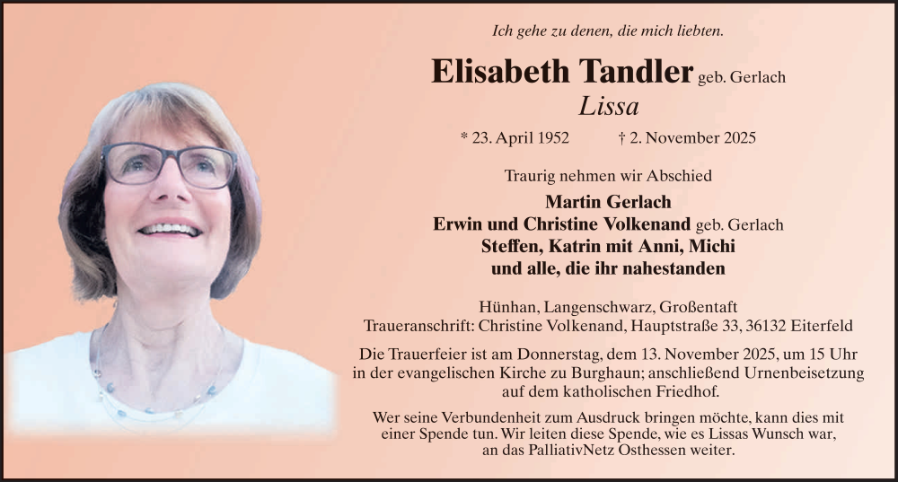  Traueranzeige für Elisabeth Tandler vom 08.11.2025 aus FZ