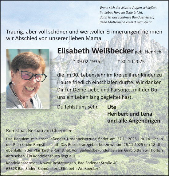 Traueranzeige von Elisabeth Weißbecker von FZ