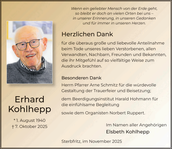 Traueranzeige von Erhard Kohlhepp von FZ