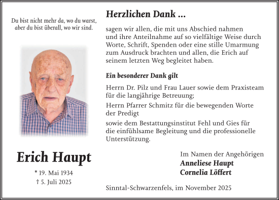 Traueranzeige von Erich Haupt von FZ