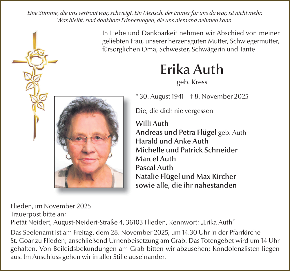  Traueranzeige für Erika Auth vom 25.11.2025 aus FZ