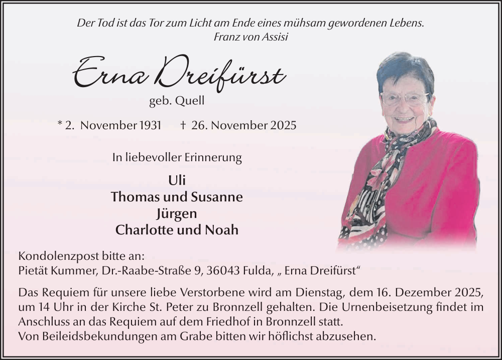  Traueranzeige für Erna Dreifürst vom 29.11.2025 aus FZ