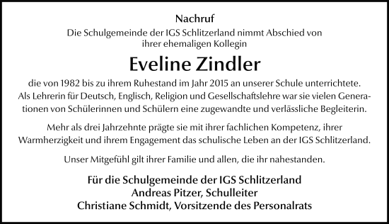 Traueranzeige von Evi Zindler von FZ