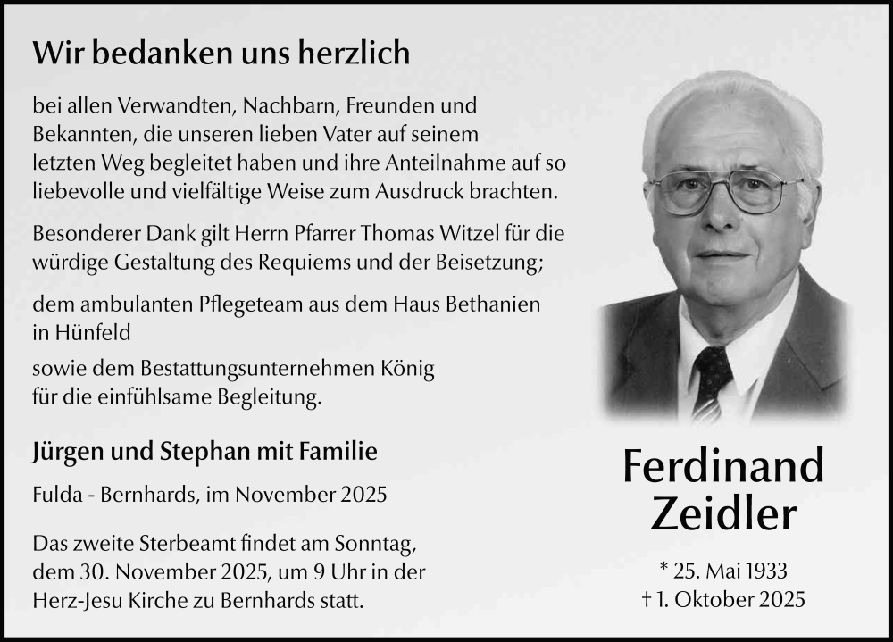  Traueranzeige für Ferdinand Zeidler vom 25.11.2025 aus FZ