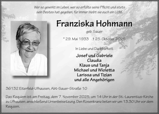 Traueranzeige von Franziska Hohmann von FZ