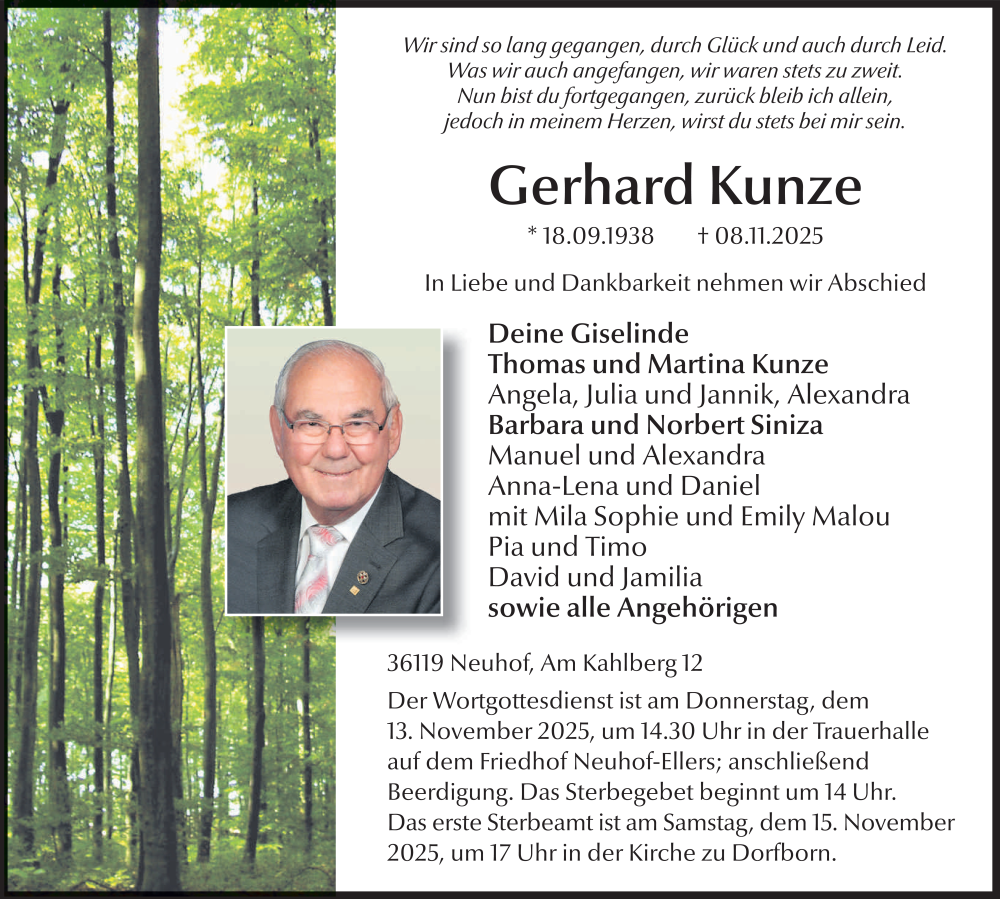 Traueranzeige für Gerhard Kunze vom 11.11.2025 aus FZ