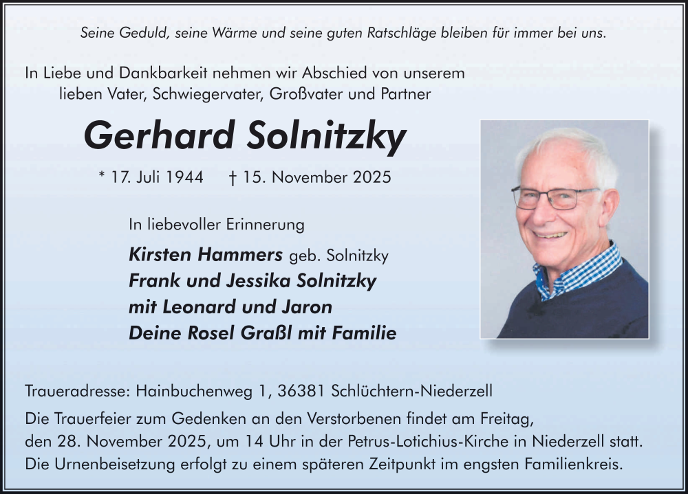  Traueranzeige für Gerhard Solnitzky vom 22.11.2025 aus FZ