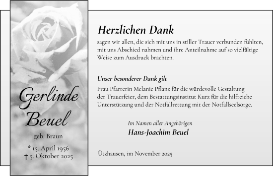 Traueranzeige von Gerlinde Beuel von FZ