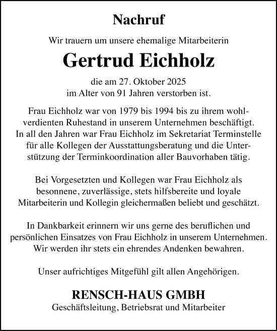 Traueranzeige von Gertrud Eichholz von FZ