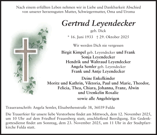 Traueranzeige von Gertrud Leyendecker von FZ