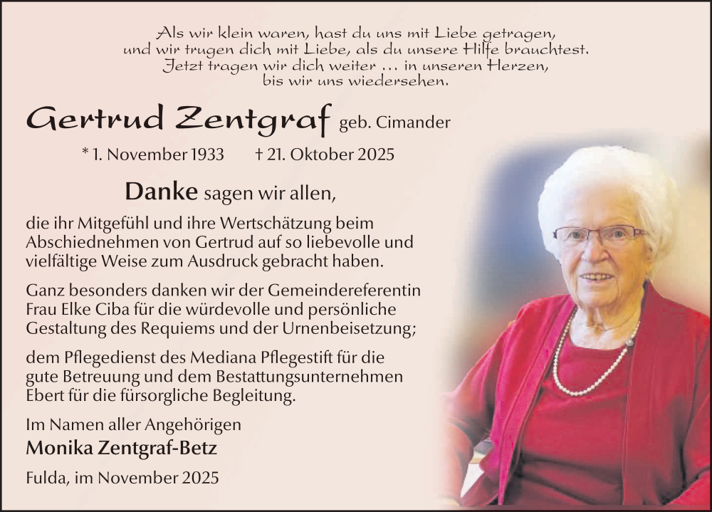  Traueranzeige für Gertrud Zentgraf vom 29.11.2025 aus FZ