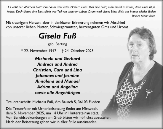 Traueranzeige von Gisela Fuß von FZ