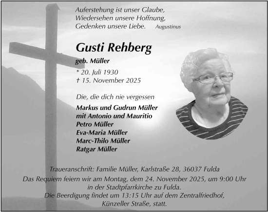 Traueranzeige von Gusti Rehberg von FZ