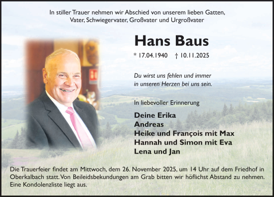 Traueranzeige von Hans Baus von FZ