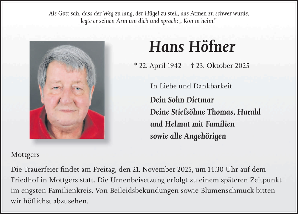  Traueranzeige für Hans Höfner vom 08.11.2025 aus FZ