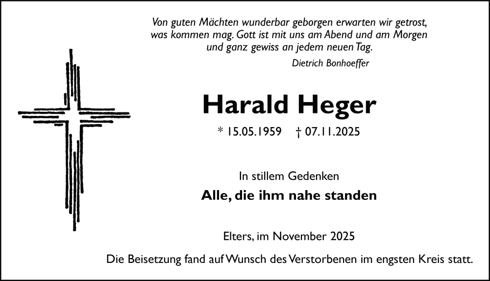  Traueranzeige für Harald Heger vom 26.11.2025 aus FZ