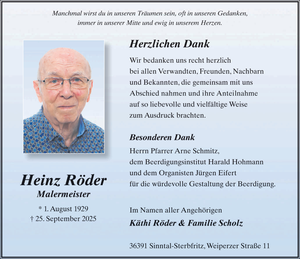  Traueranzeige für Heinz Röder vom 01.11.2025 aus FZ