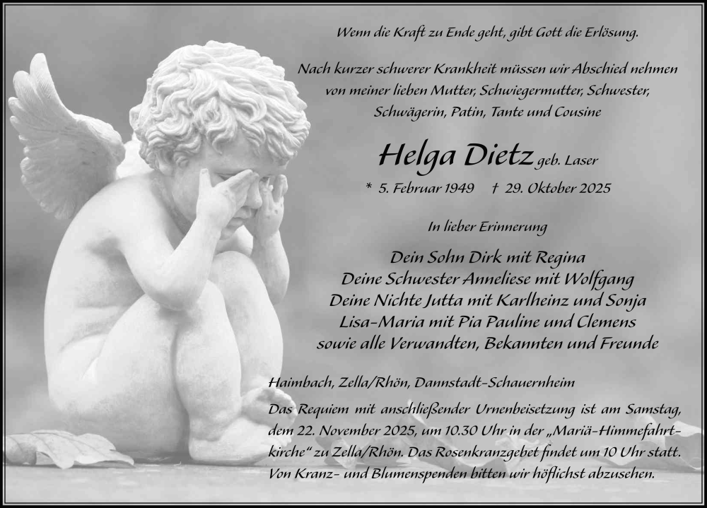  Traueranzeige für Helga Dietz vom 18.11.2025 aus FZ