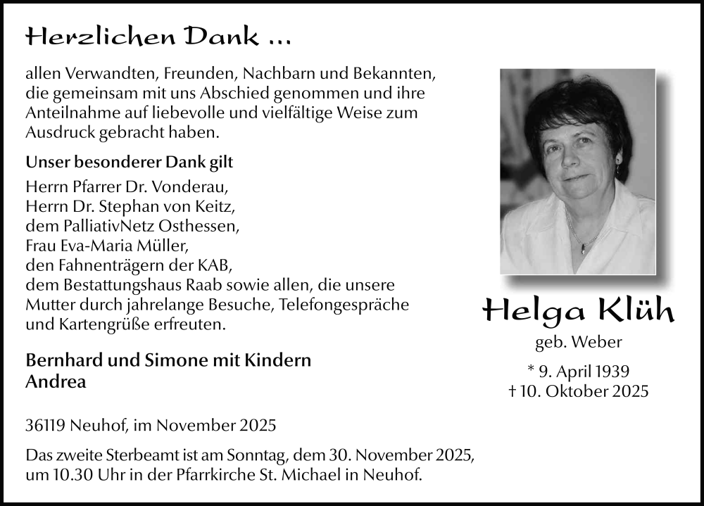  Traueranzeige für Helga Klüh vom 26.11.2025 aus FZ