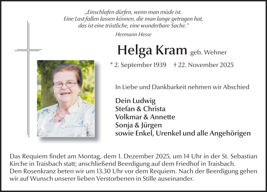 Traueranzeige von Helga Kram von FZ