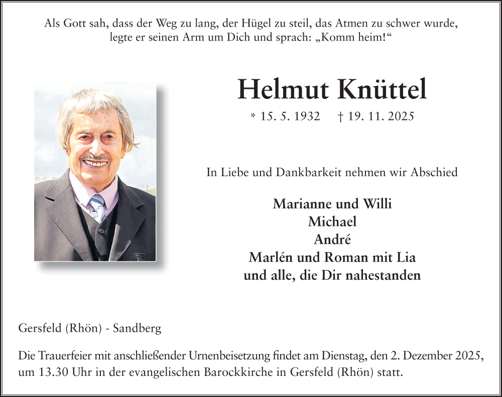  Traueranzeige für Helmut Knüttel vom 29.11.2025 aus FZ